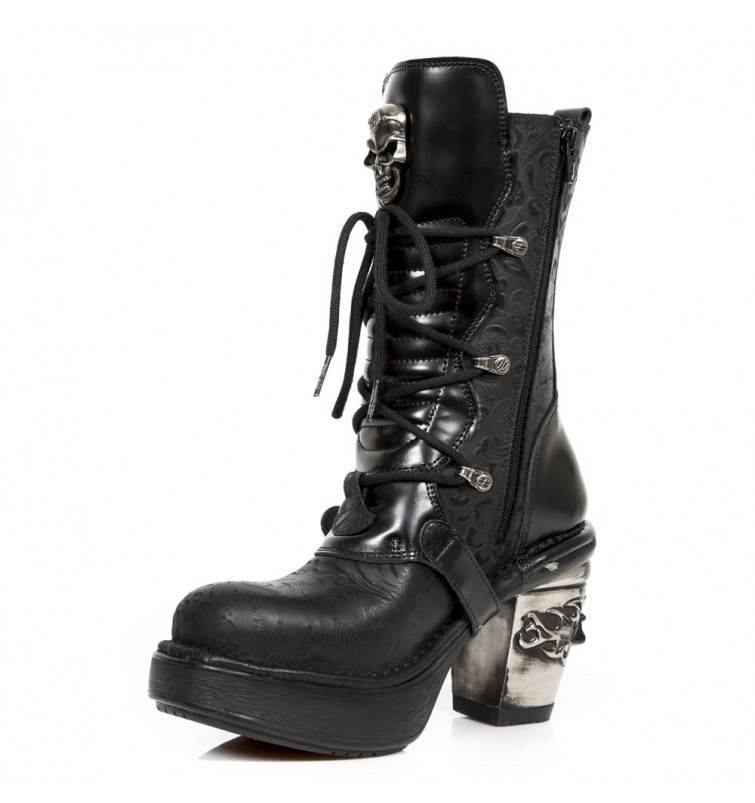 NEW ROCK M.8366-S1 VINTAGE FLOWER BLACK ANTIC NEGRO T SKULL ACERO STEEL 
