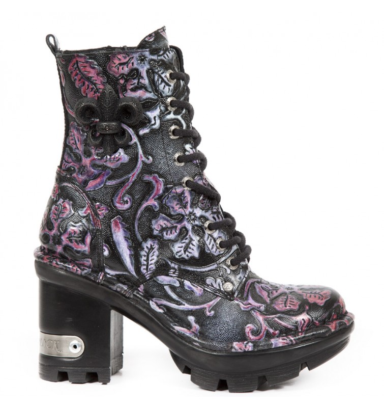 Newrock New Rock Women M-1423-S2 Black Vintage Flower 8 Hole Lace up Boots 